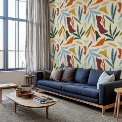 Papier peint beige avec grandes formes végétales aux allures abstraites - 85x260 cm (l x h)