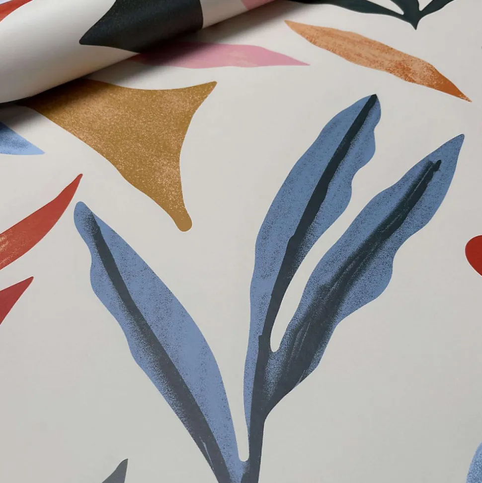 Papier peint beige avec grandes formes végétales aux allures abstraites - 85x260 cm (l x h)