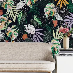 Papier peint botanique avec des feuilles d'alocasia et des palmiers - 85x260 cm (l x h)