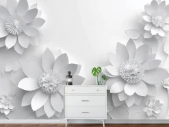 Papier Peint 3D Gris Fleurs Fleuri Panoramique Intissé 350x250 cm - Colle Inclus - Moderne XXL Papier Peint por Chambre Salon