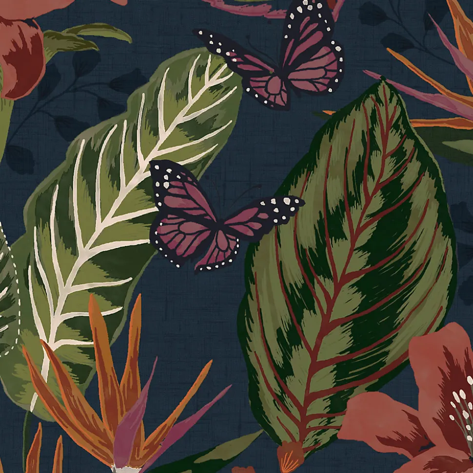 Papier peint Eden night imprimé fleurs tropicales vert, bordeaux L.1000 x l.52cm Envy