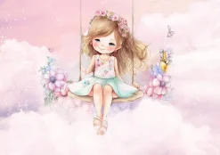 Papier Peint Enfant Ballerine Nuages Rose Intissé Panoramique 350x250 cm - Colle Inclus - Chambre Enfant - Moderne Papier Peint
