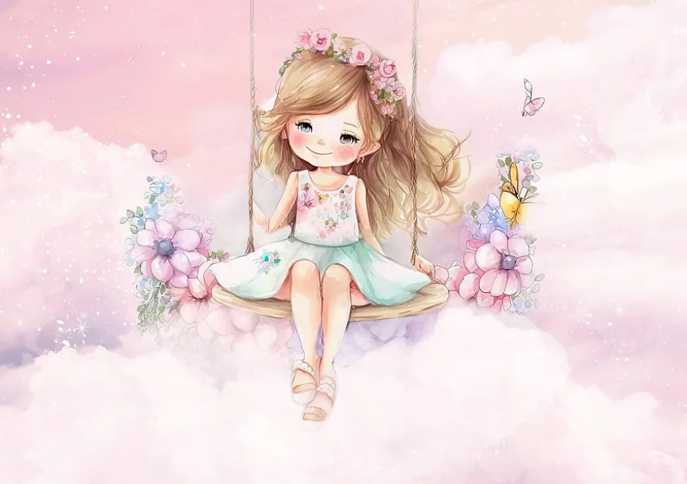 Papier Peint Enfant Ballerine Nuages Rose Intissé Panoramique 350x250 cm - Colle Inclus - Chambre Enfant - Moderne Papier Peint