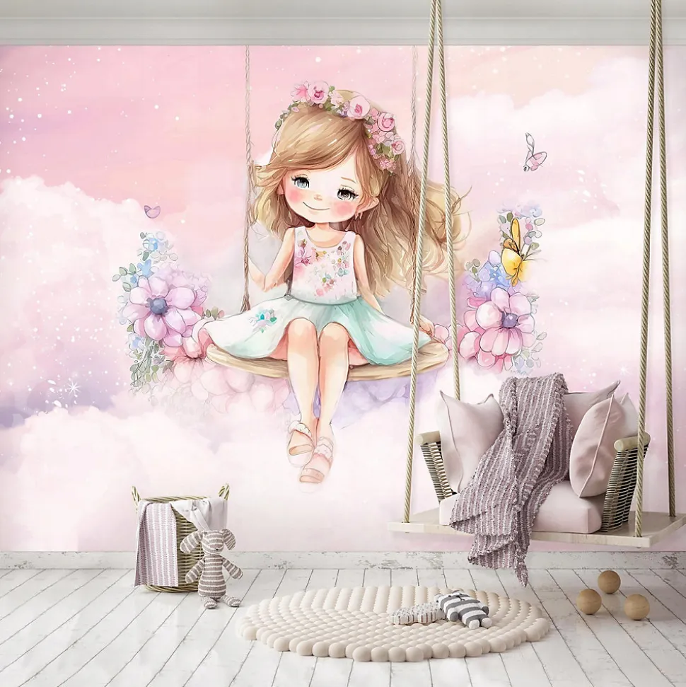Papier Peint Enfant Ballerine Nuages Rose Intissé Panoramique 350x250 cm - Colle Inclus - Chambre Enfant - Moderne Papier Peint