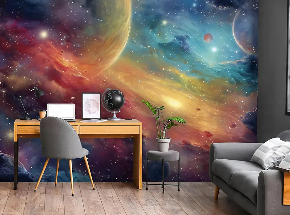Papier Peint Enfant Cosmos Planètes Intissé Panoramique 350x250 cm - Colle Inclus - Chambre Enfant - Moderne Papier Peint