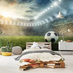 Papier Peint Enfant Football Stade Intissé Panoramique 350x250 cm - Colle Inclus - Chambre Enfant - Moderne Trompe l'oeil
