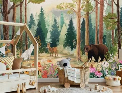 Papier Peint Enfant Forêt Arbres Animaux Intissé Panoramique 350x250 cm - Colle Inclus - Chambre Enfant - Moderne Papier Peint