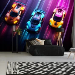 Papier Peint Enfant Voitures Intissé Panoramique 300x210 cm - Colle Inclus - Moderne Papier Peint pour Chambre Enfant