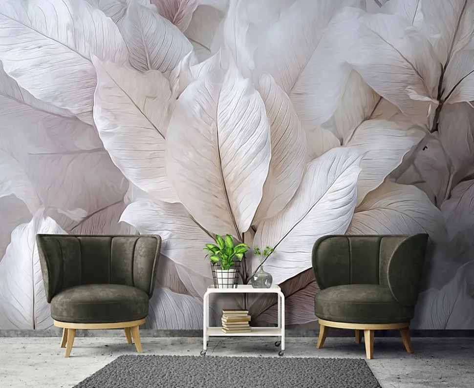 Papier Peint Feuilles Abstrait 3D Gris Intissé Panoramique Pour Chambre Cuisine 350x250 cm