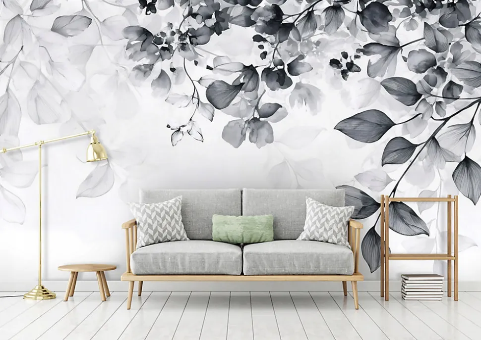 Papier Peint Feuilles Noir et blanc Intissé Panoramique Pour Chambre Cuisine 350x250 cm