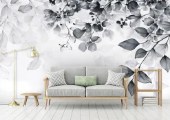 Papier Peint Feuilles Noir et blanc Intissé Panoramique Pour Chambre Cuisine 400x280 cm