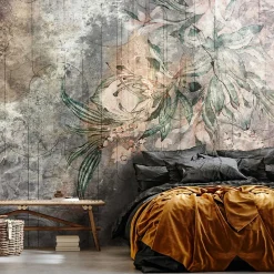 Papier Peint Fleurs Feuilles Vintage Intissé Panoramique 400x280 cm - Colle Inclus - Chambre et Salon - Moderne Papier Peint