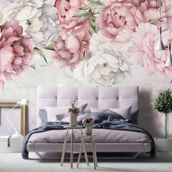 Papier Peint Fleurs Rose Pivoines Intissé Panoramique 350x250 cm - Colle Inclus - Chambre et Salon - Moderne Papier Peint