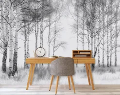 Papier Peint Forêt Arbres Noir et blanc Intissé Panoramique Pour Chambre Cuisine 300x210 cm