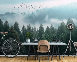 Papier Peint Forêt dans la brume Arbres Intissé Panoramique Pour Chambre Cuisine 350x250 cm