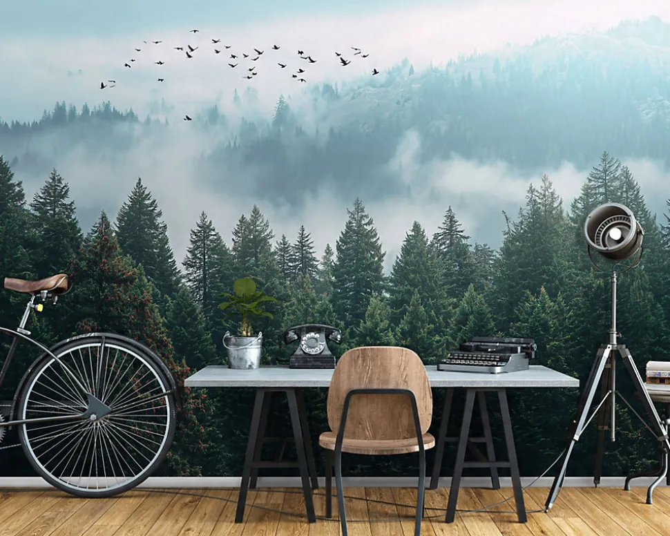 Papier Peint Forêt dans la brume Arbres Intissé Panoramique Pour Chambre Cuisine 350x250 cm