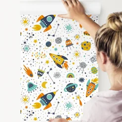Papier Peint GALAXIE Fusées Couleurs Pour Chambre D'Enfant