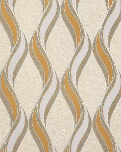 Papier peint graphique EDEM 1025-11 aspect crépi granit moucheté lignes ondulées et ornements jaune beige gris argent