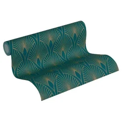 Papier peint imprimé Glamour - Petrole Or - 10 x 0,53 m