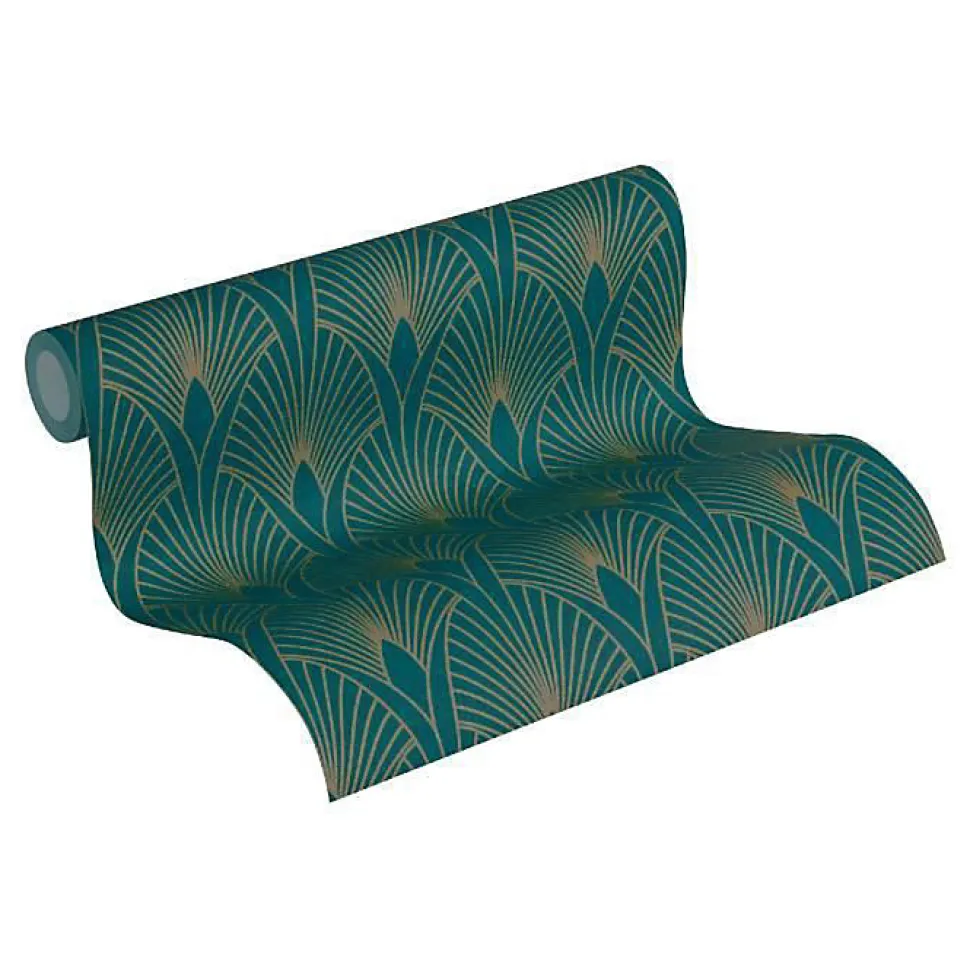 Papier peint imprimé Glamour - Petrole Or - 10 x 0,53 m