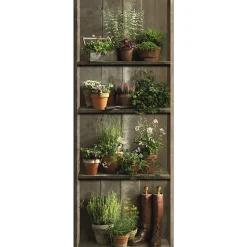 Papier peint intissé 250 cm X 96 cm, décor rustique avec étagère, plantes vertes et bottes anciennes