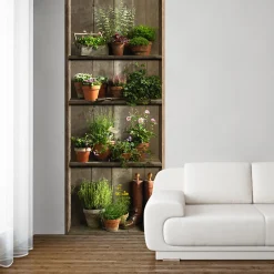 Papier peint intissé 250 cm X 96 cm, décor rustique avec étagère, plantes vertes et bottes anciennes
