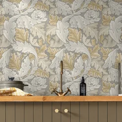 Papier peint intissé Ancanthus neutral imprimé feuillage beige crème L.1000 x l.52cm William Morris