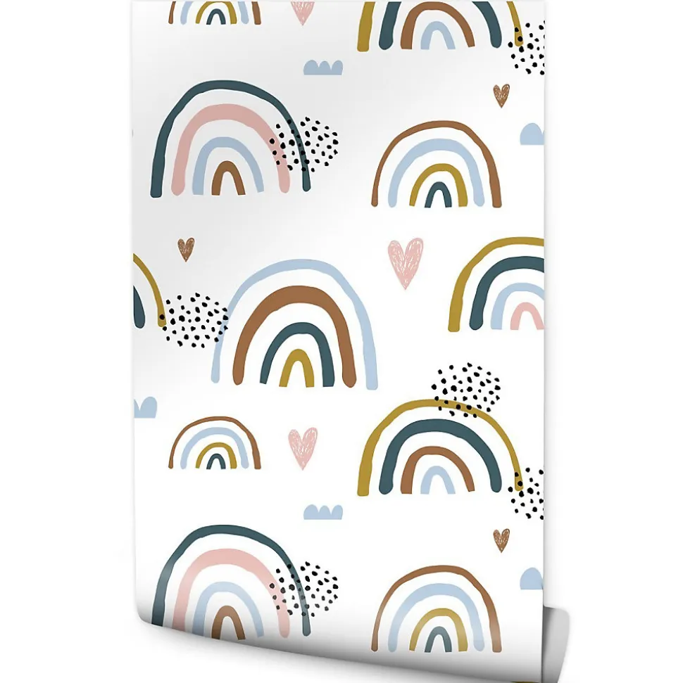 Papier Peint Intissé Arc-en-ciel Nuages Coeurs Colorés Pour Chambre D'Enfant