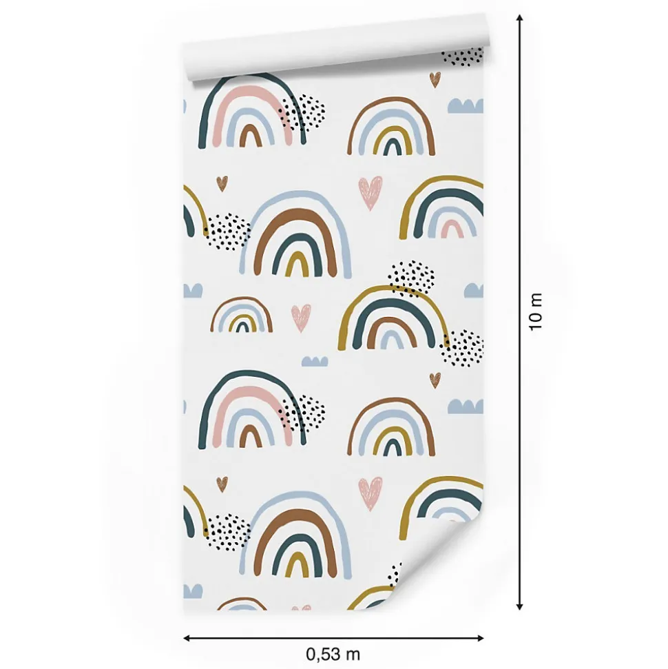 Papier Peint Intissé Arc-en-ciel Nuages Coeurs Colorés Pour Chambre D'Enfant