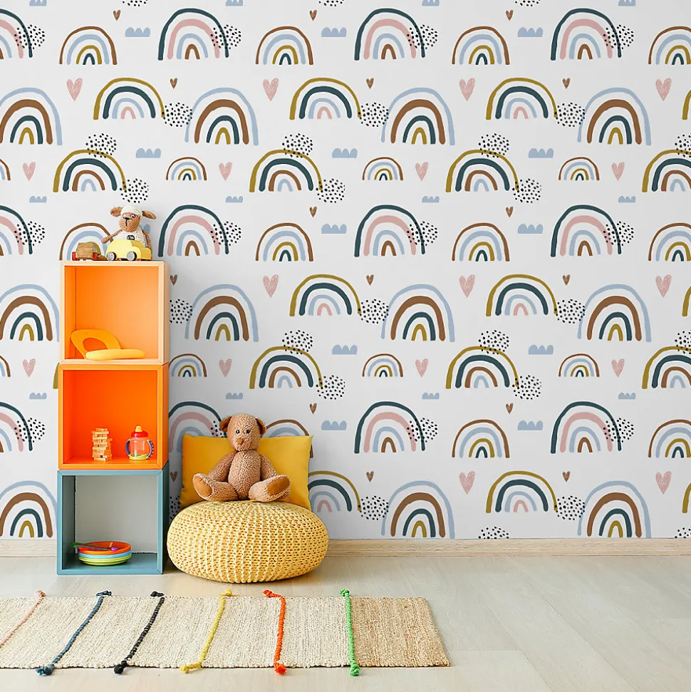 Papier Peint Intissé Arc-en-ciel Nuages Coeurs Colorés Pour Chambre D'Enfant