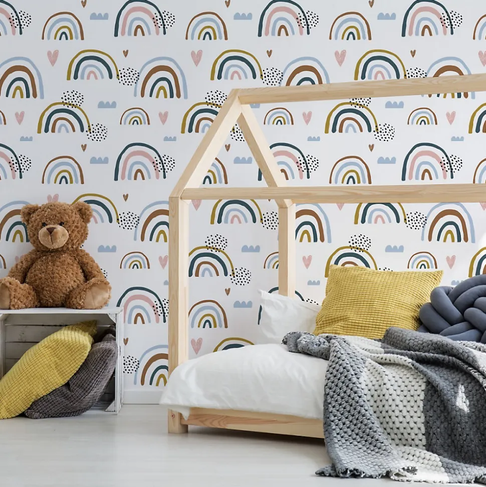 Papier Peint Intissé Arc-en-ciel Nuages Coeurs Colorés Pour Chambre D'Enfant