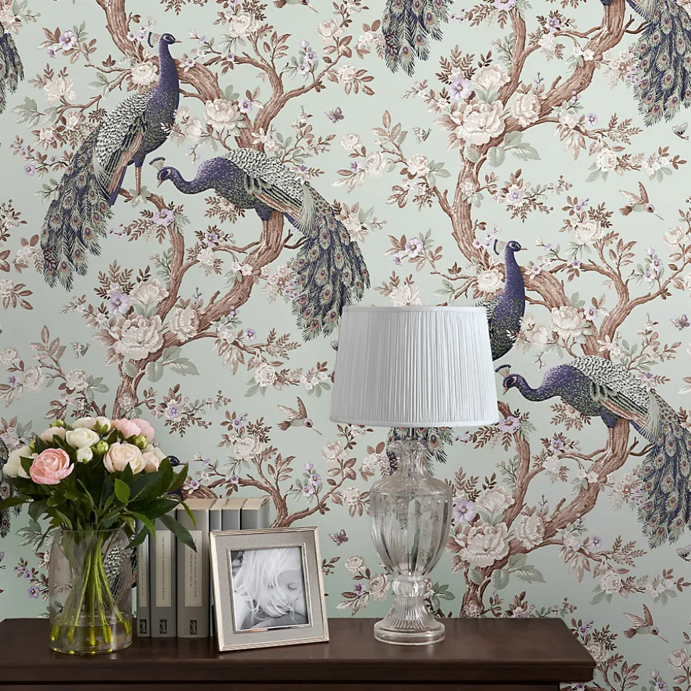 Papier peint intissé Belvedere imprimé paons vert sauge L.1000 x l.52cm Laura Ashley