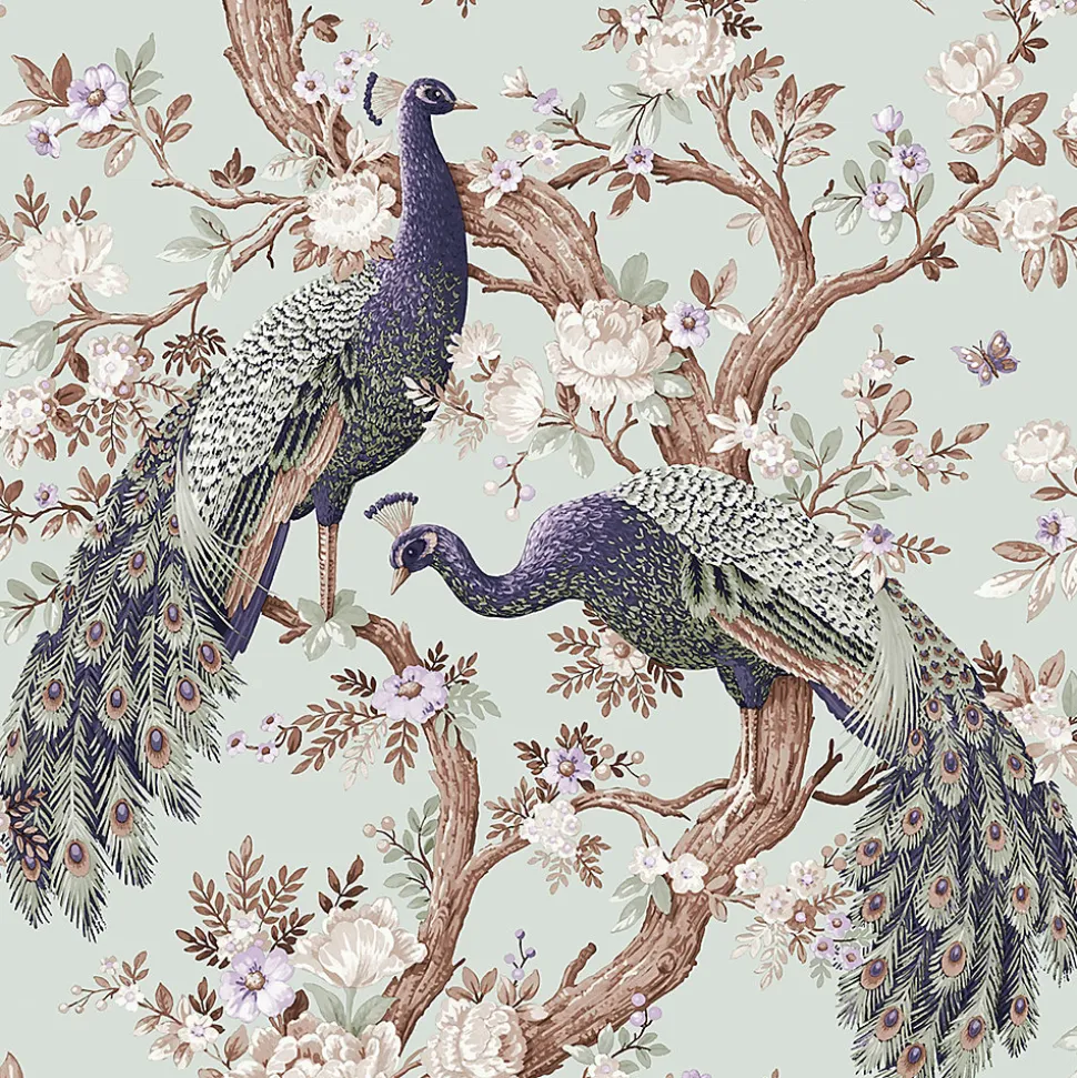 Papier peint intissé Belvedere imprimé paons vert sauge L.1000 x l.52cm Laura Ashley
