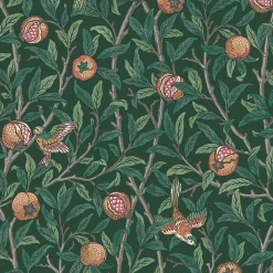 Papier peint intissé Bird & pomegranate imprimé fleurs, oiseaux vert L.1000 x l.52cm William Morris
