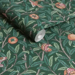 Papier peint intissé Bird & pomegranate imprimé fleurs, oiseaux vert L.1000 x l.52cm William Morris