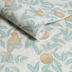 Papier peint intissé Bird & pomegranate duck egg imprimé fleurs vert L.1000 x l.52cm William Morris