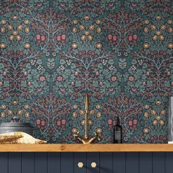 Papier peint intissé Blackthorn navy imprimé nature vert L.1000 x l.52cm William Morris