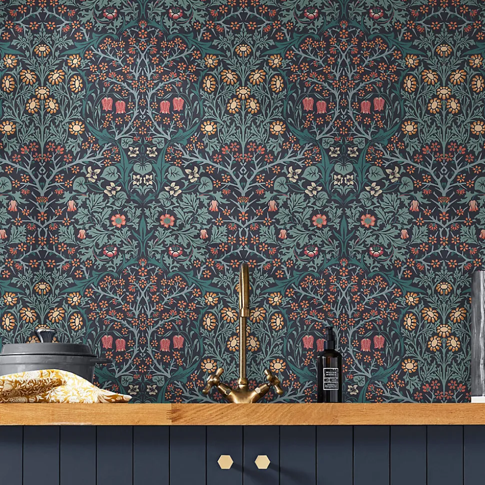Papier peint intissé Blackthorn navy imprimé nature vert L.1000 x l.52cm William Morris