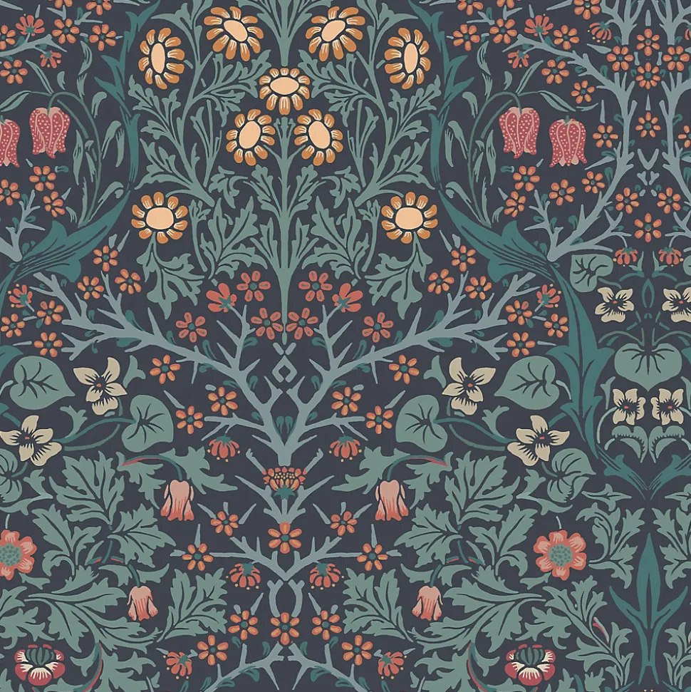 Papier peint intissé Blackthorn navy imprimé nature vert L.1000 x l.52cm William Morris
