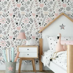 Papier Peint Intissé COEURS Brindilles Fleurs Feuilles Colorées Pour Chambre D'Enfant