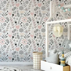 Papier Peint Intissé COEURS Brindilles Fleurs Feuilles Colorées Pour Chambre D'Enfant