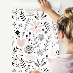 Papier Peint Intissé COEURS Brindilles Fleurs Feuilles Colorées Pour Chambre D'Enfant