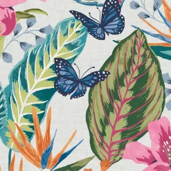Papier peint intissé Eden day imprimé fleurs tropicales rose, vert, bleu L.1000 x l.52cm Envy