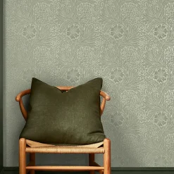 Papier peint intissé effet métallique Marigold fibrous imprimé fleurs brun, vert sauge L.1000 x l.52cm William Morris