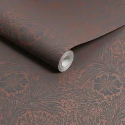 Papier peint intissé effet métallique Marigold fibrous imprimé fleurs brun, gris anthracite L.1000 x l.52cm William Morris