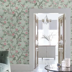 Papier peint intissé Eglantine imprimé fleurs d'eglantine vert L.1000 x l.52cm Laura Ashley