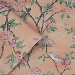 Papier peint intissé Eglantine imprimé fleurs d'eglantine rose L.1000 x l.52cm Laura Ashley