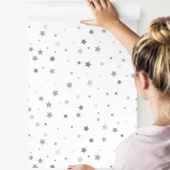 Papier Peint Intissé ETOILES Gris Pour Chambre D'Enfant