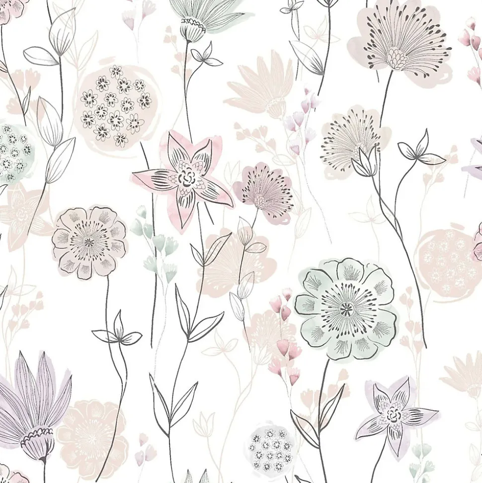 Papier peint intissé fleuri Lavinia rose pastel L.1005 x l.53cm Lutèce