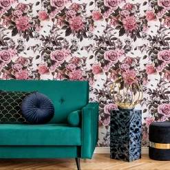 Papier Peint Intissé FLEURS Roses Pivoines Plantes Rétro Pour Salon